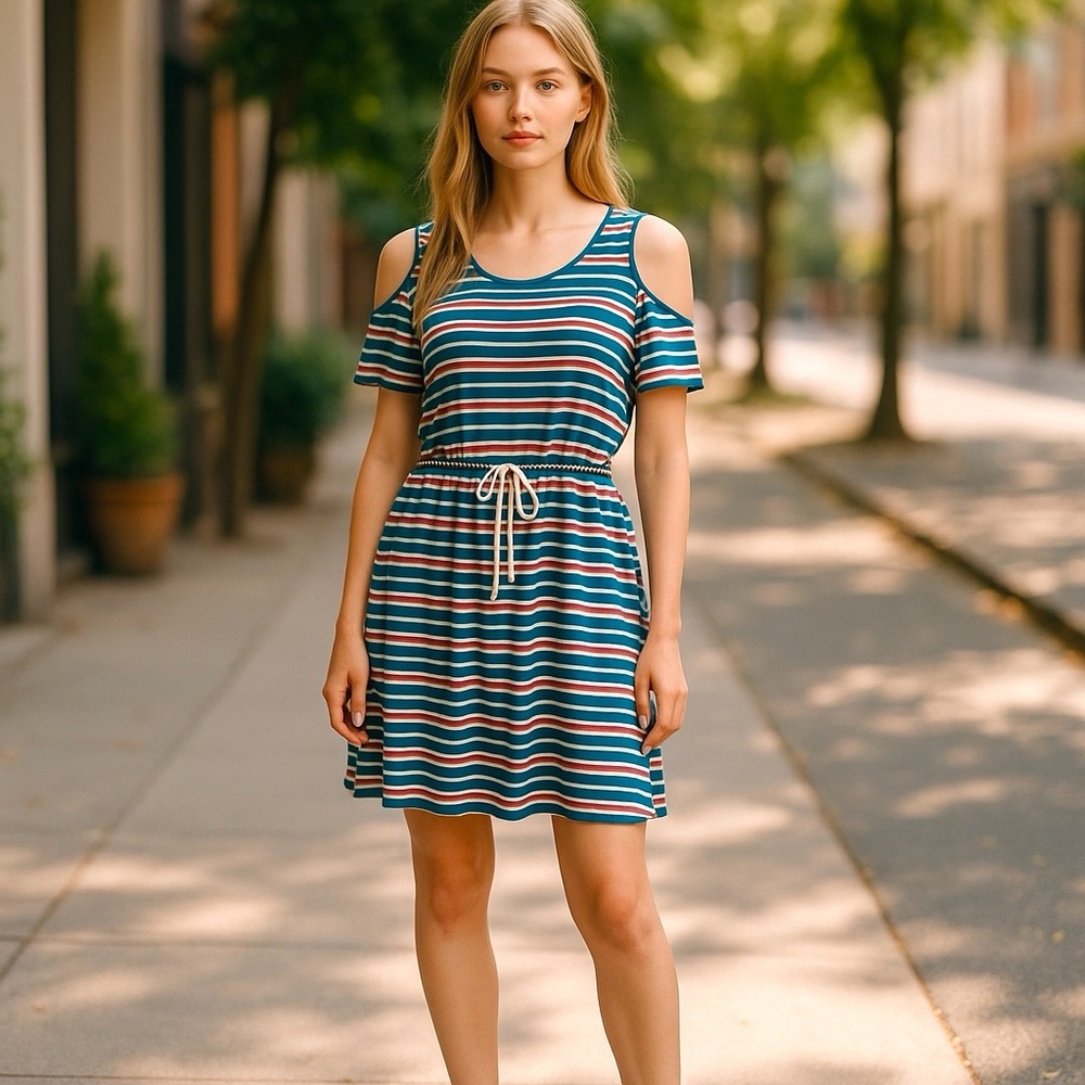 Hayden Los Angeles Teal Striped Cold Shoulder Tshirt Dress NWT S M L